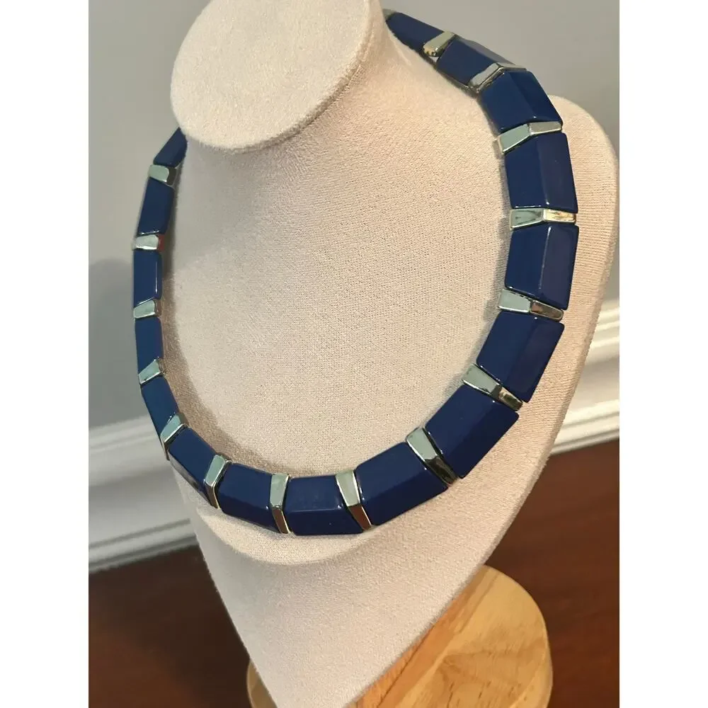Vintage Cobalt Blue Lucite Panel Collar Necklace Gold Tone Mid Century Retro